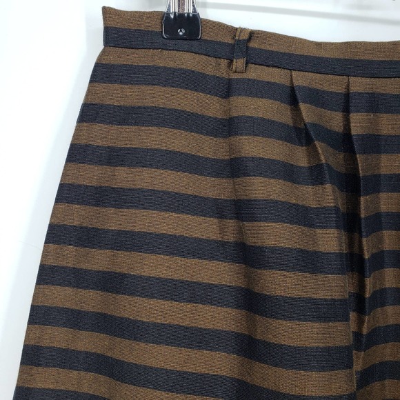 Madewell Striped Skirt 0 A Line Pleated Knee Length Linen Silk Brown Black 08334 - Picture 7 of 9